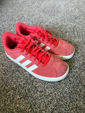 adidas Women's Coral Red Suede Sneakers with White Stripes